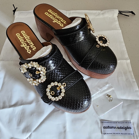 Autumn Adeigbo Shoes - NEW Bergdorf: Autumn Adeigbo Double Strap Snake-Embossed Leather Clogs